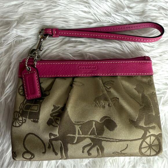 COACH Pink Brown Signature Carriage Canvas Wristlet - Picture 1 of 9